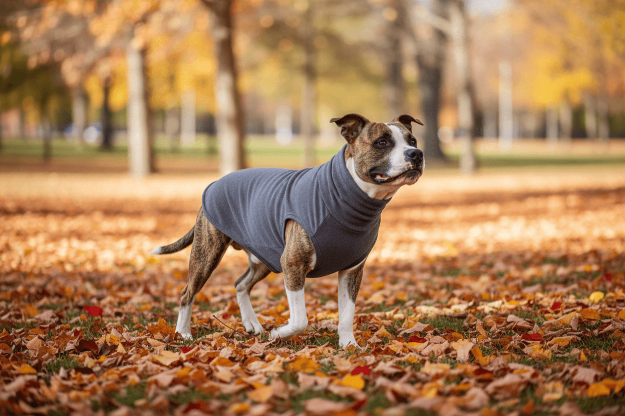 Large dog wearing a premium velvet dog sweater for large dogs in a park filled with autumn leaves.