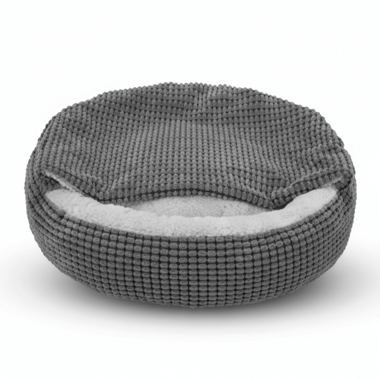 Gray hooded cave cat bed on white background