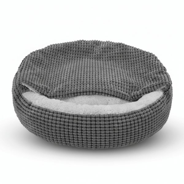 Gray hooded cave cat bed on white background
