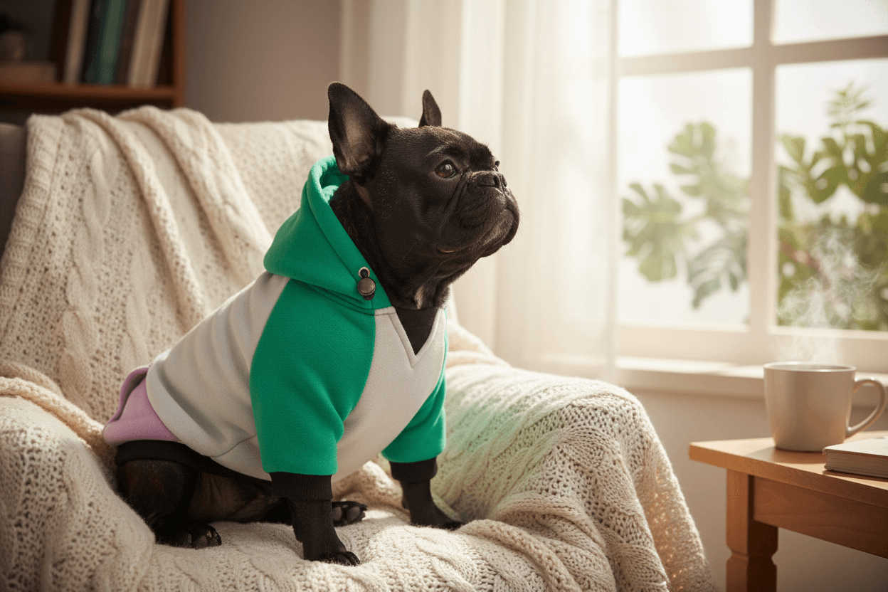 A stylish French Bulldog wearing a fleece-lined dog hoodie with vibrant green, purple, and white colors.