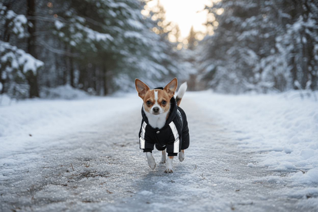 Charming dog in a reflective windproof dog jumpsuit walking on a snowy path in winter.