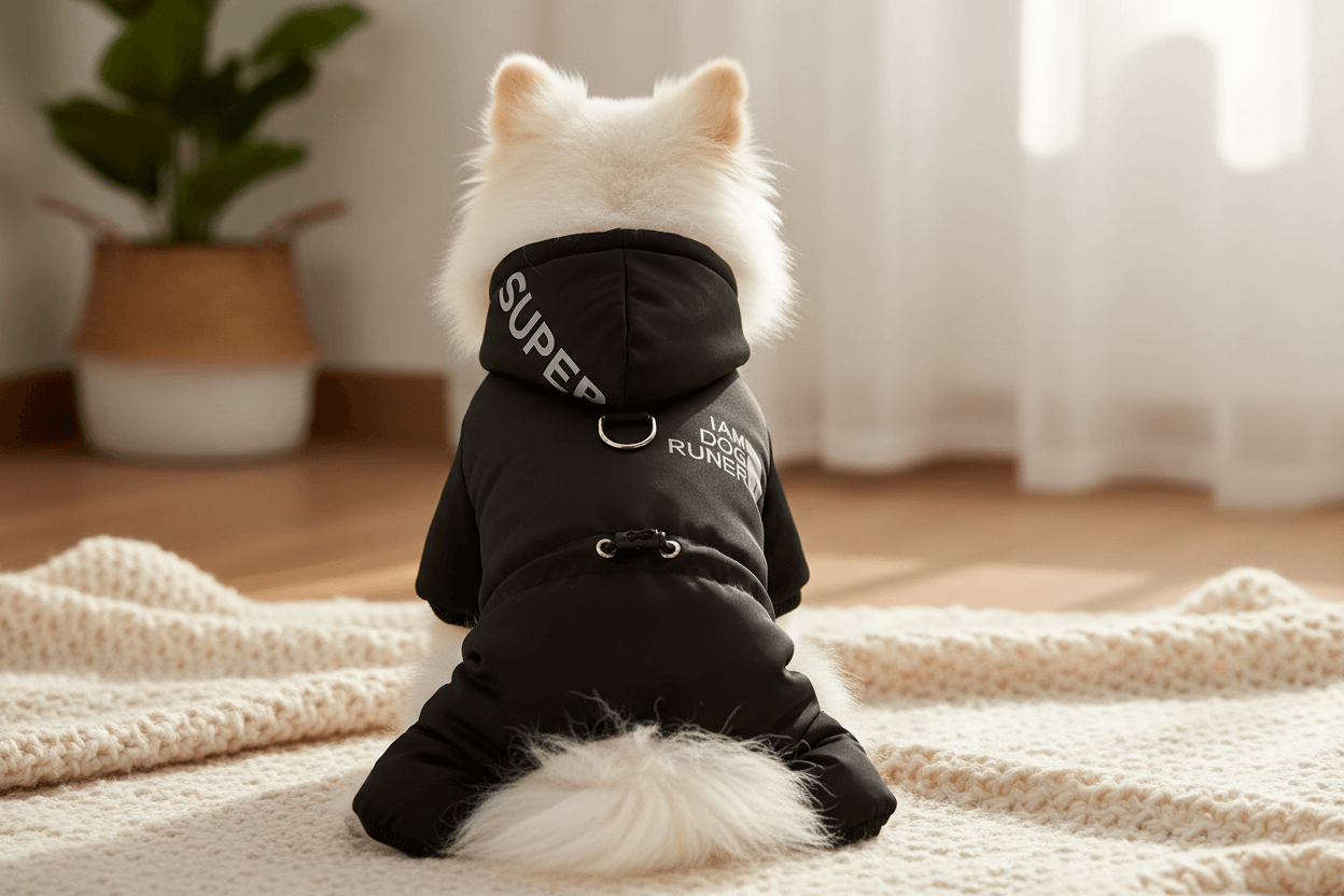A small white dog wearing a Premium Windproof Dog Jumpsuit, showcasing its cozy design and stylish hood.