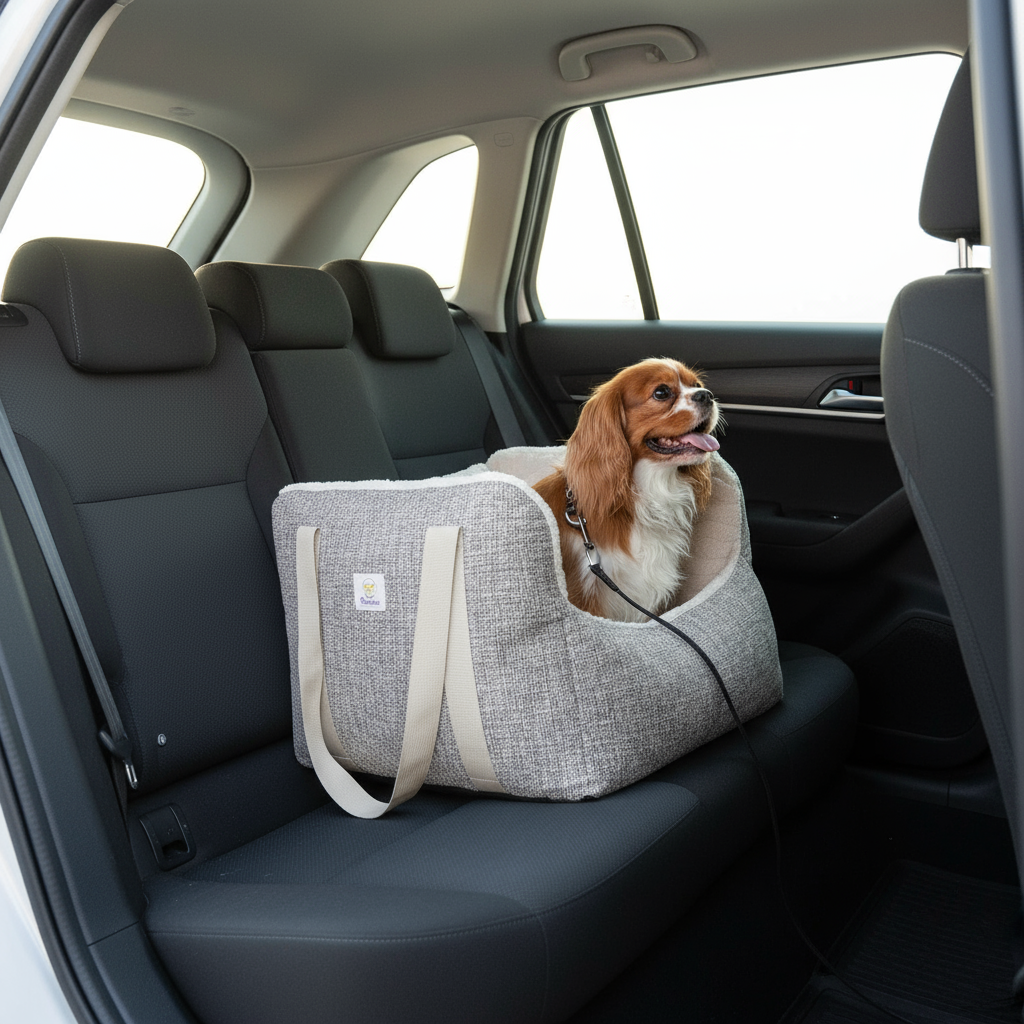 Hondje in autostoeltje op achterbank