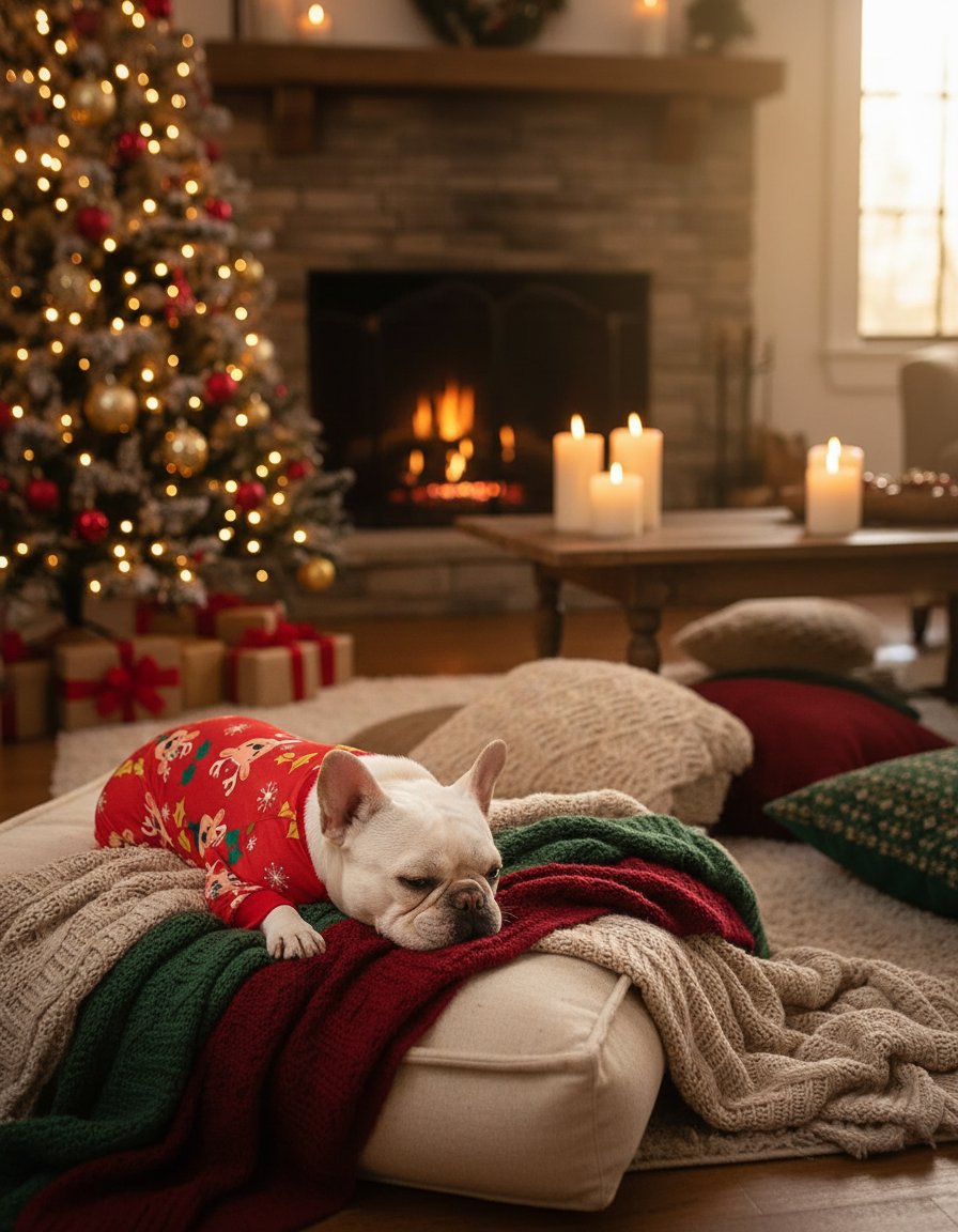 Hondje in kerstpyjama bij de kerstboom
