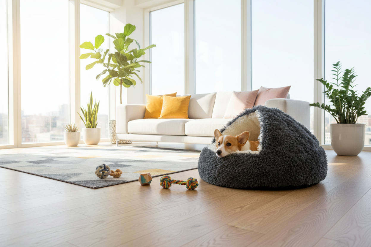 Hooded cave dog bed in modern living room interior