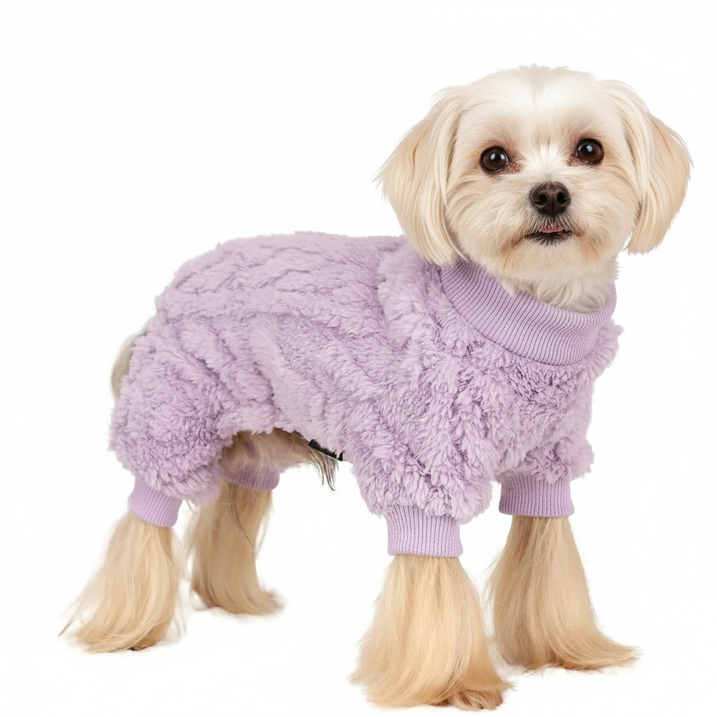 Improved realistic dog in purple jumpsuit