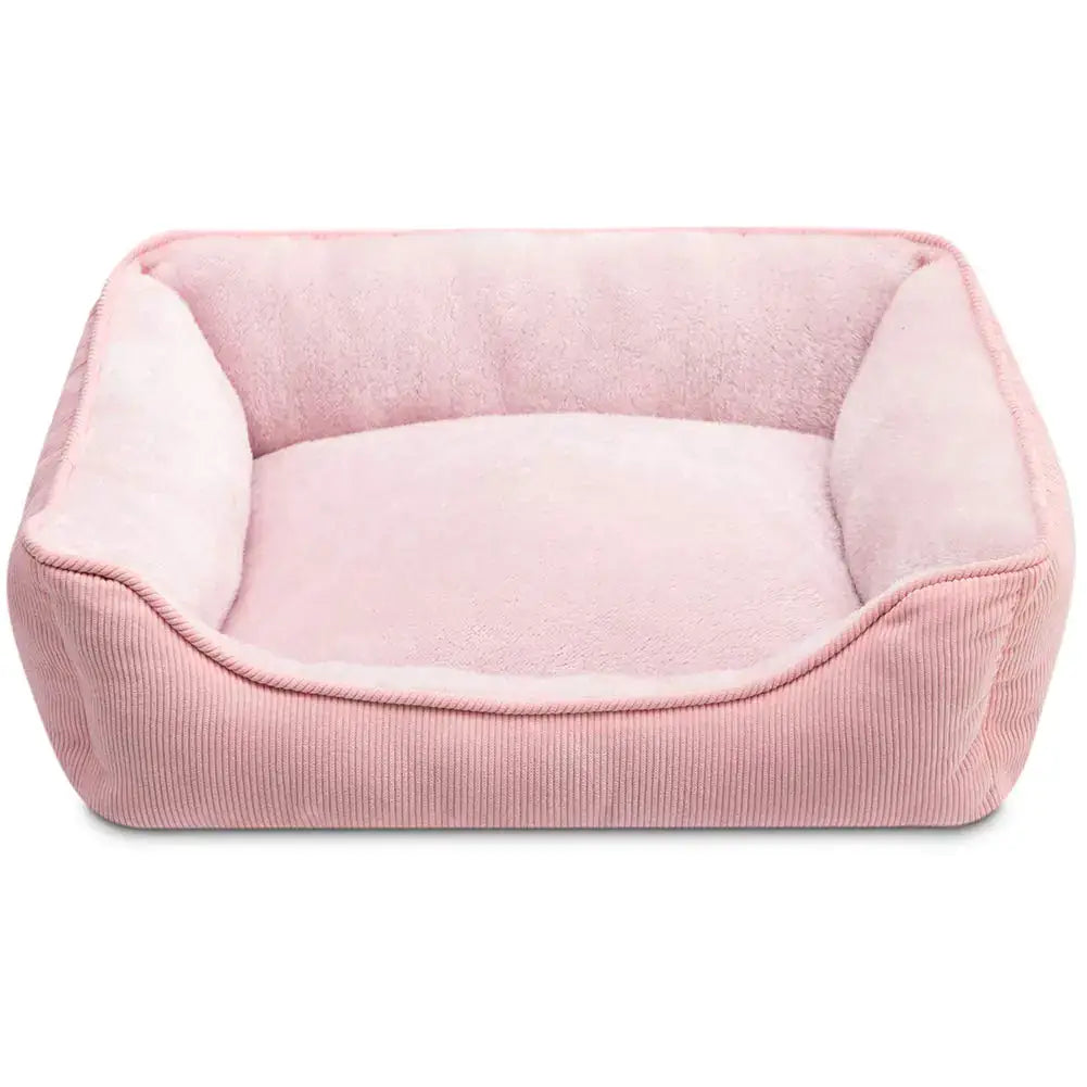 Pink plush corduroy pet bed with raised edges