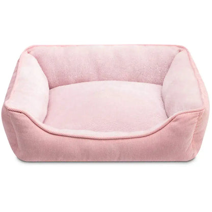 Pink plush corduroy pet bed with raised edges