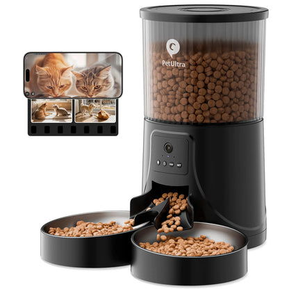 PetUltra automatic pet feeder with two bowls and a smartphone displaying cat videos.