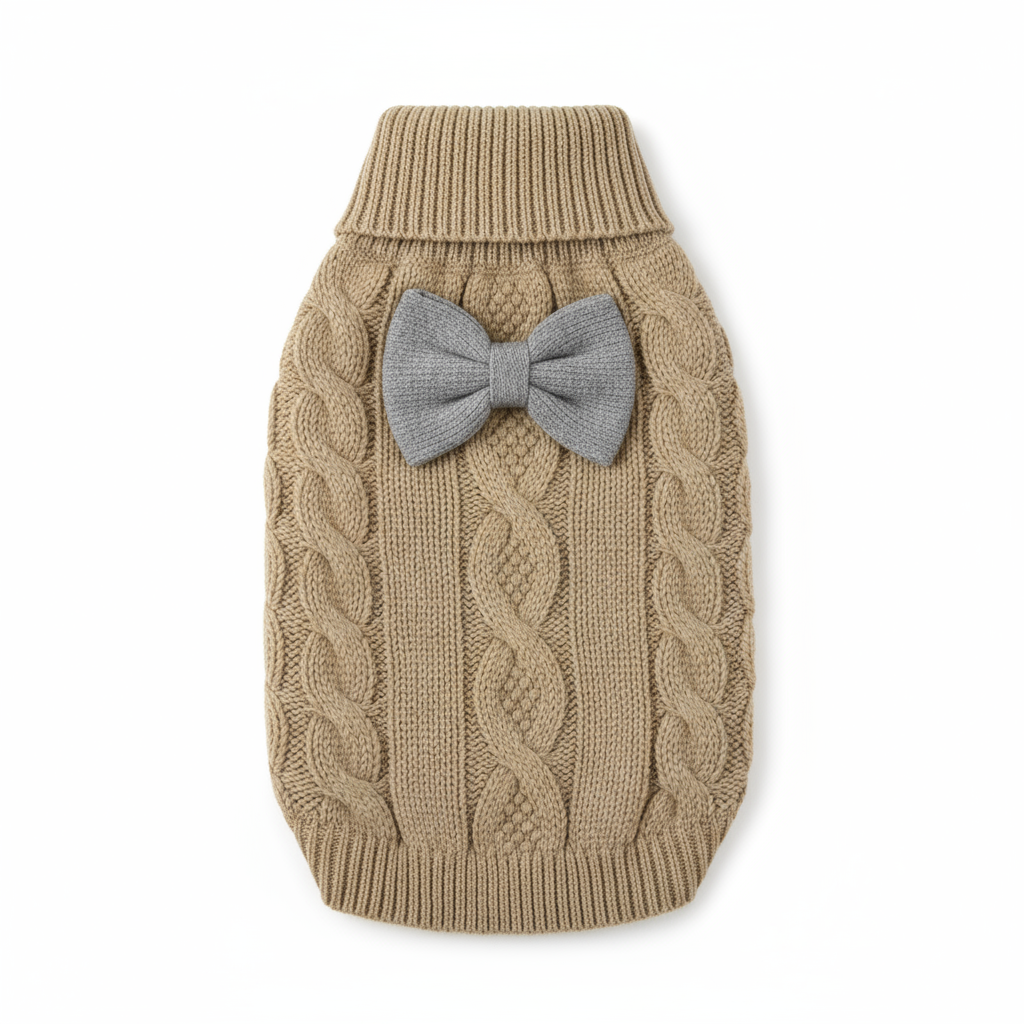 Khaki knit sweater with grey bow