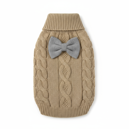 Khaki knit sweater with grey bow