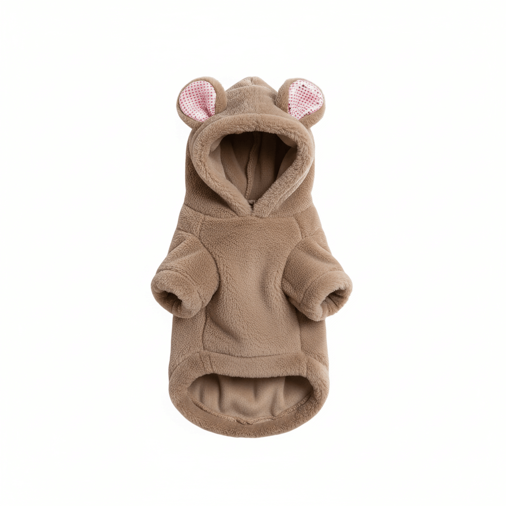 Khaki Plush Hoodie for Pets featuring 3D ears and ultra-soft fleece for cozy pet comfort.