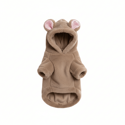 Khaki Plush Hoodie for Pets featuring 3D ears and ultra-soft fleece for cozy pet comfort.