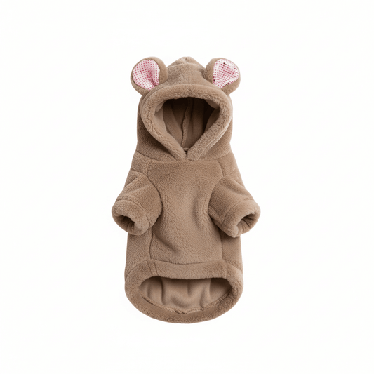 Khaki Plush Hoodie for Pets featuring 3D ears and ultra-soft fleece for cozy pet comfort.
