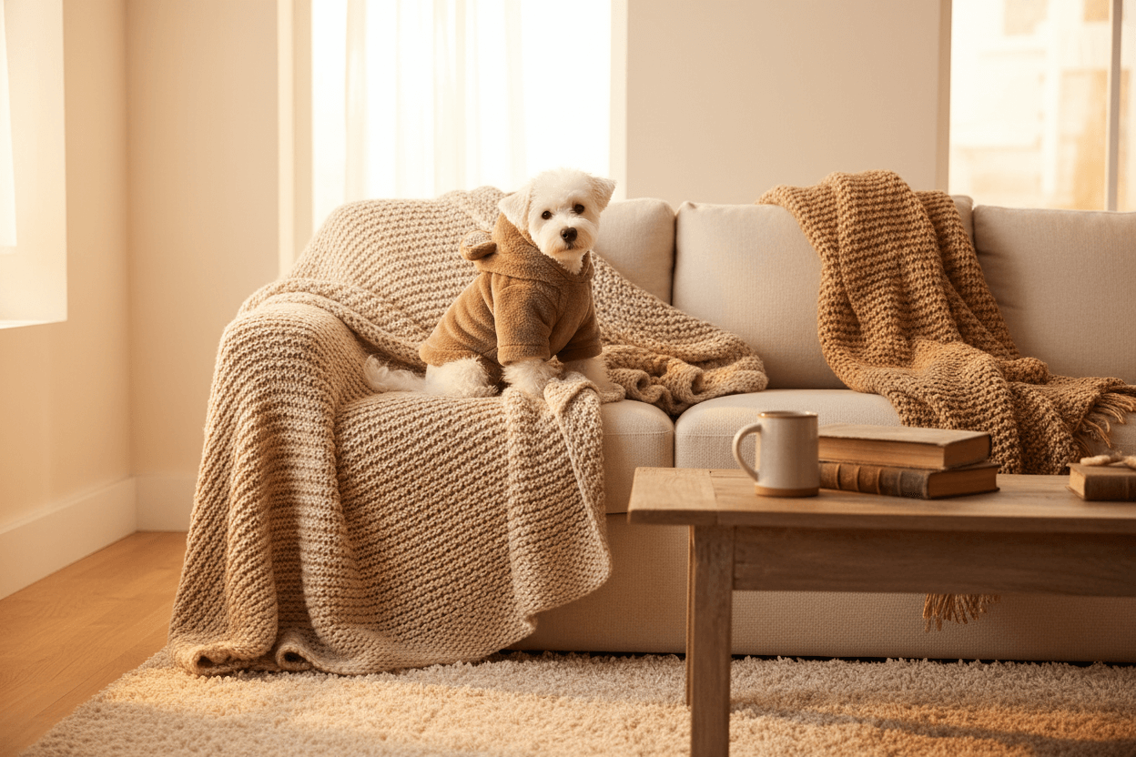 Adorable dog wearing a Khaki Plush Hoodie for Pets sitting on a cozy couch, surrounded by warm blankets.