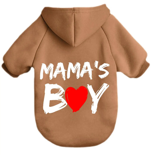 Pet Hoodie - Soft Sweatshirt for Small Dogs & Cats in brown with Mama's Boy graphic design.