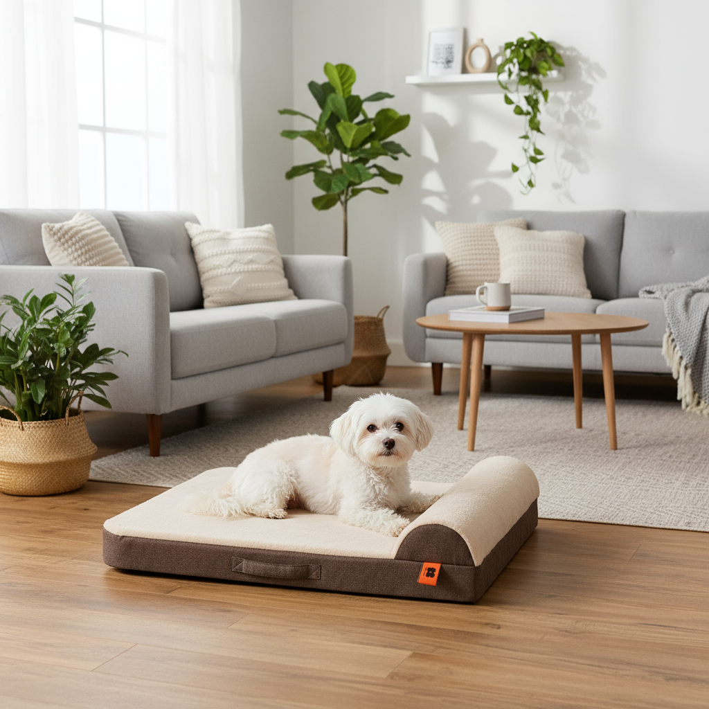 Kleine witte hond in woonkamer