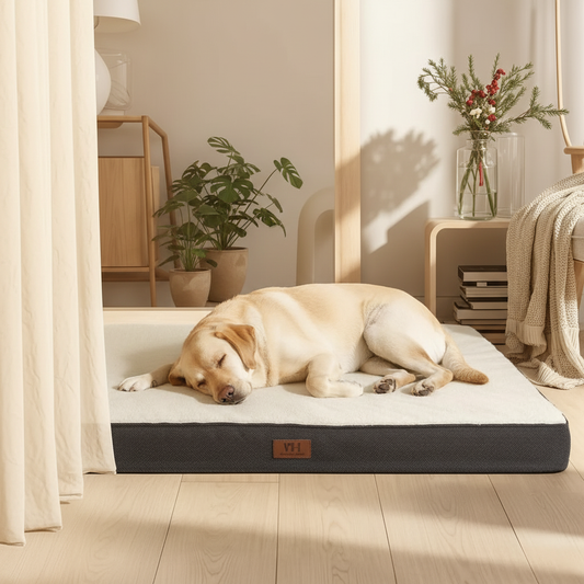 Labrador in warm living room with golden light