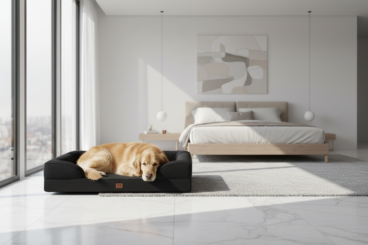 Large dog on orthopedic bed in minimalist bedroom