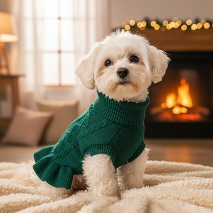 Maltese in green sweater