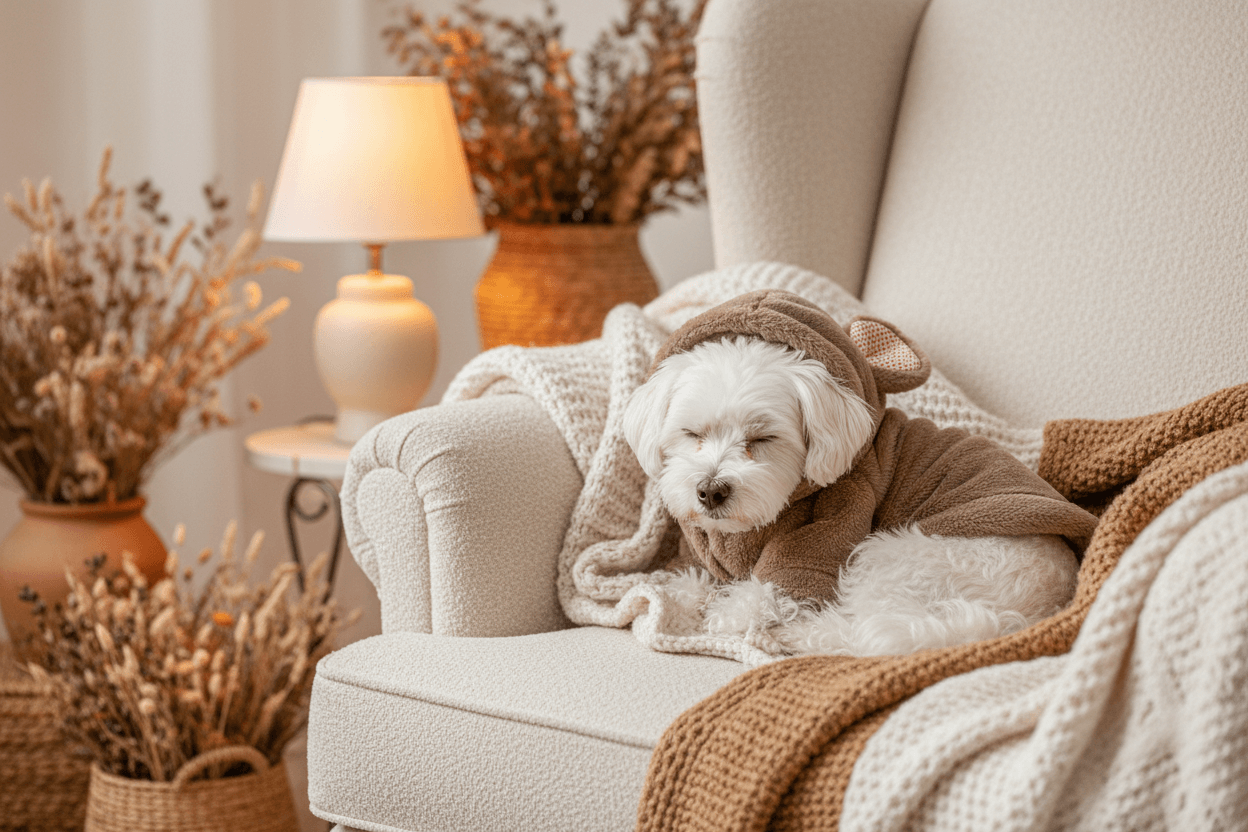 Khaki Plush Hoodie for Pets on a small dog resting on a cozy chair surrounded by warm decor and soft lighting.