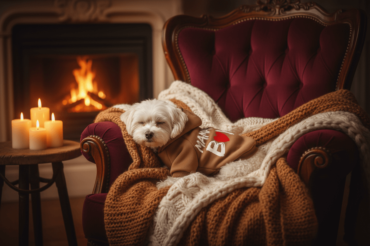 Pet Hoodie - Soft Sweatshirt for Small Dogs & Cats, cozy dog resting by the fireplace in a stylish hoodie.