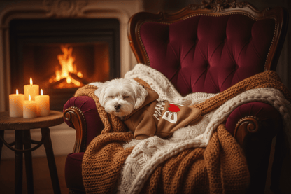 Pet Hoodie - Soft Sweatshirt for Small Dogs & Cats, cozy dog resting by the fireplace in a stylish hoodie.