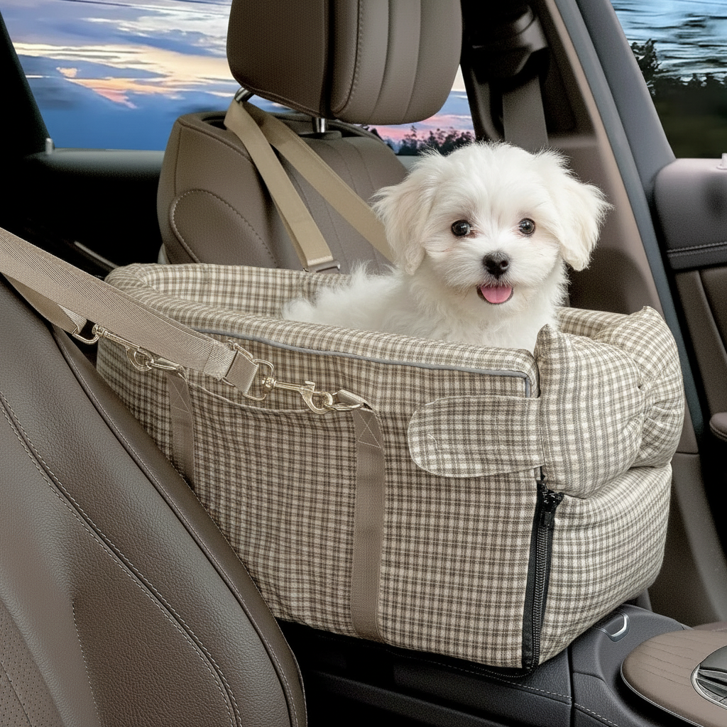 Maltese puppy in console seat
