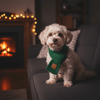 Winter Dog Scarf 2-Pack – Red & Green | Festive Knit on a dog in a cozy living room setting.