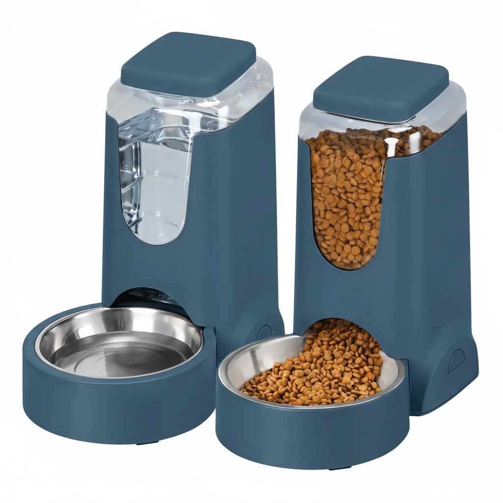 Automatic pet feeder and waterer set 2-pack in blue, featuring gravity-fed technology for convenient pet feeding.