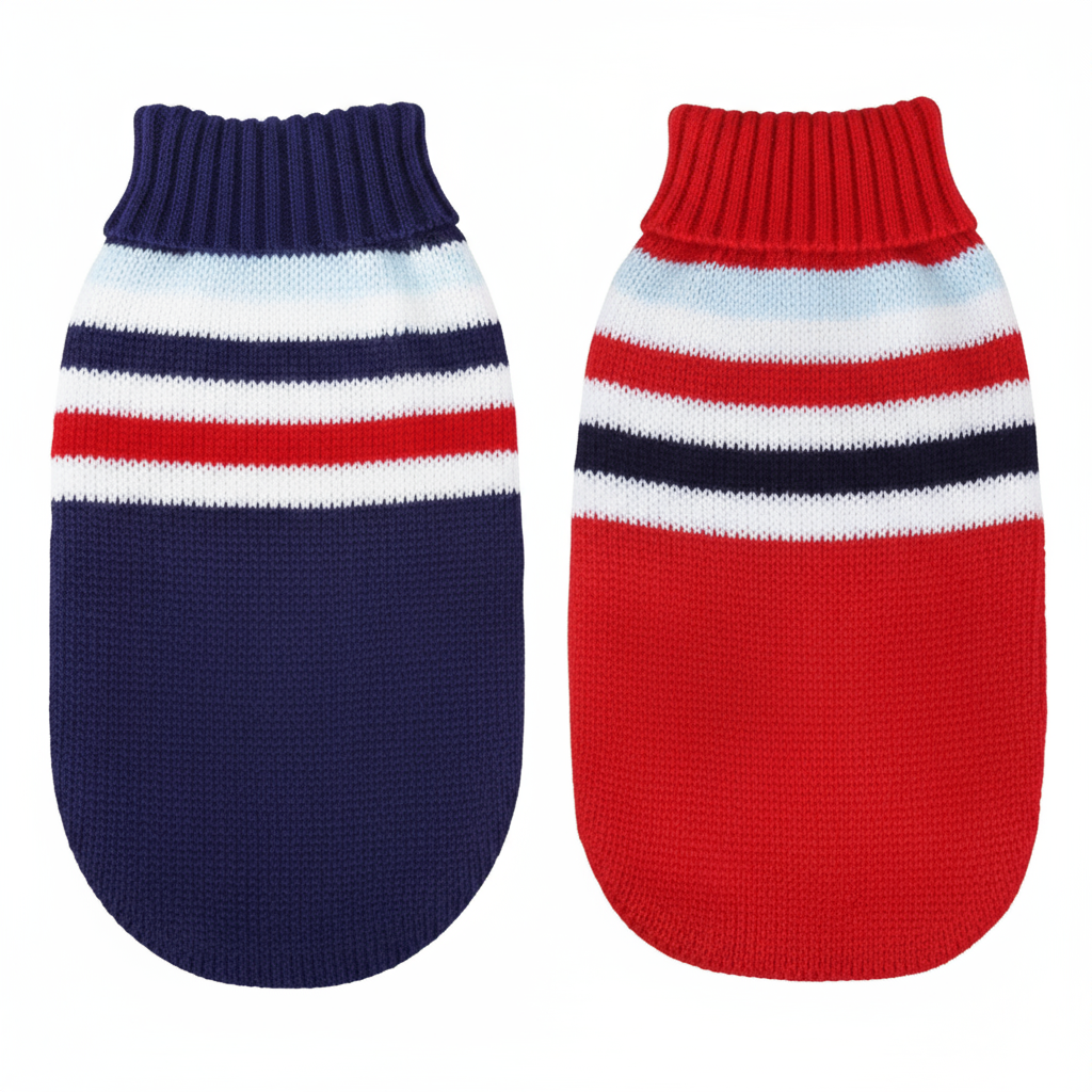 Navy en rode gestreepte hondentruien naast elkaar op witte achtergrond