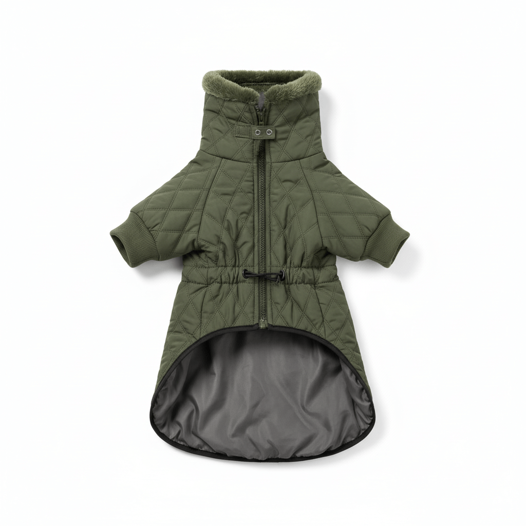 Olive green quilted jacket on white background