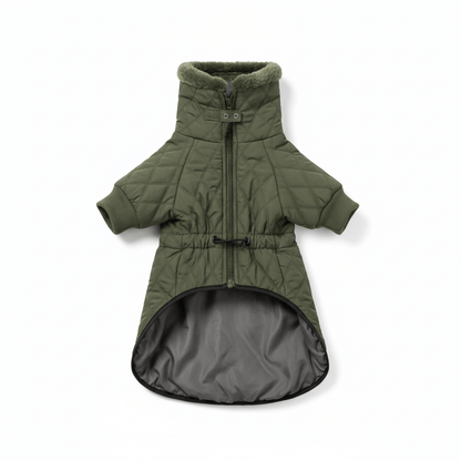 Olive green quilted jacket on white background