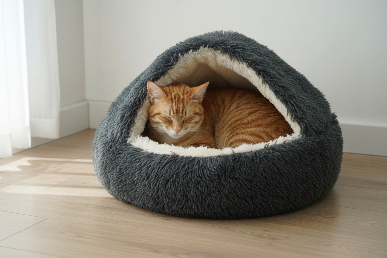 Orange Cat in Hooded Cave Bed