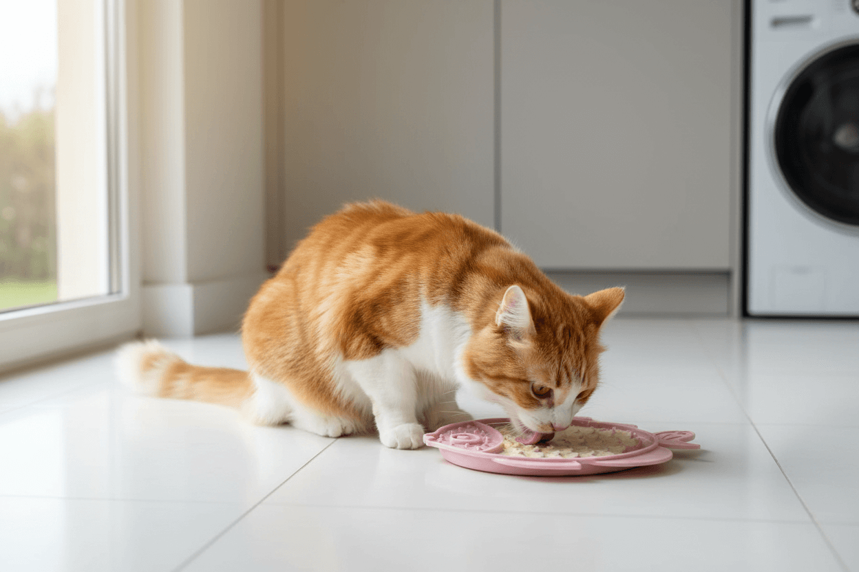 cat slow feeder and lick mat shown with a cat using the slow feeder bowl on a tiled floor in a bright kitchen.