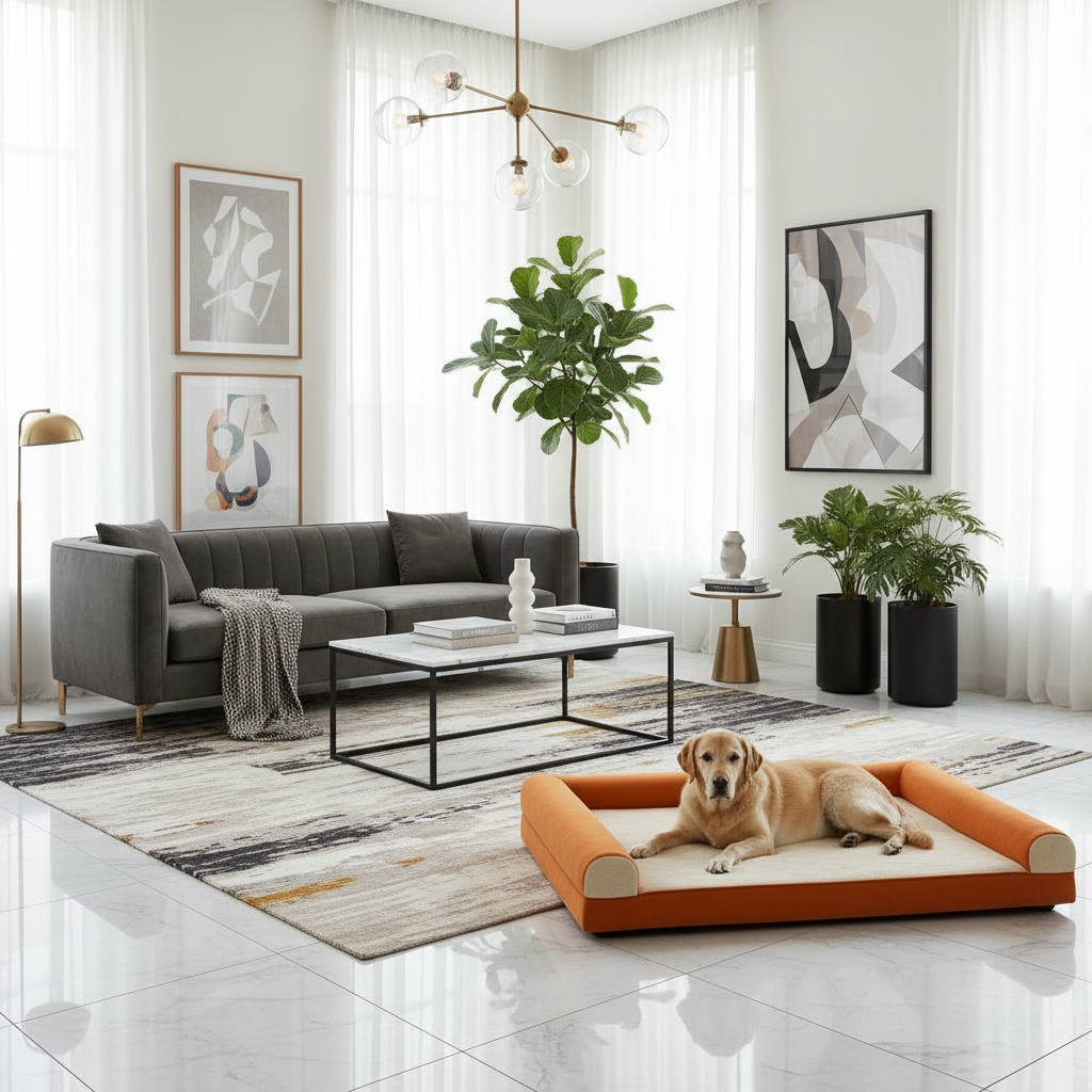 Oranje hondenbed in luxe woonkamer 1