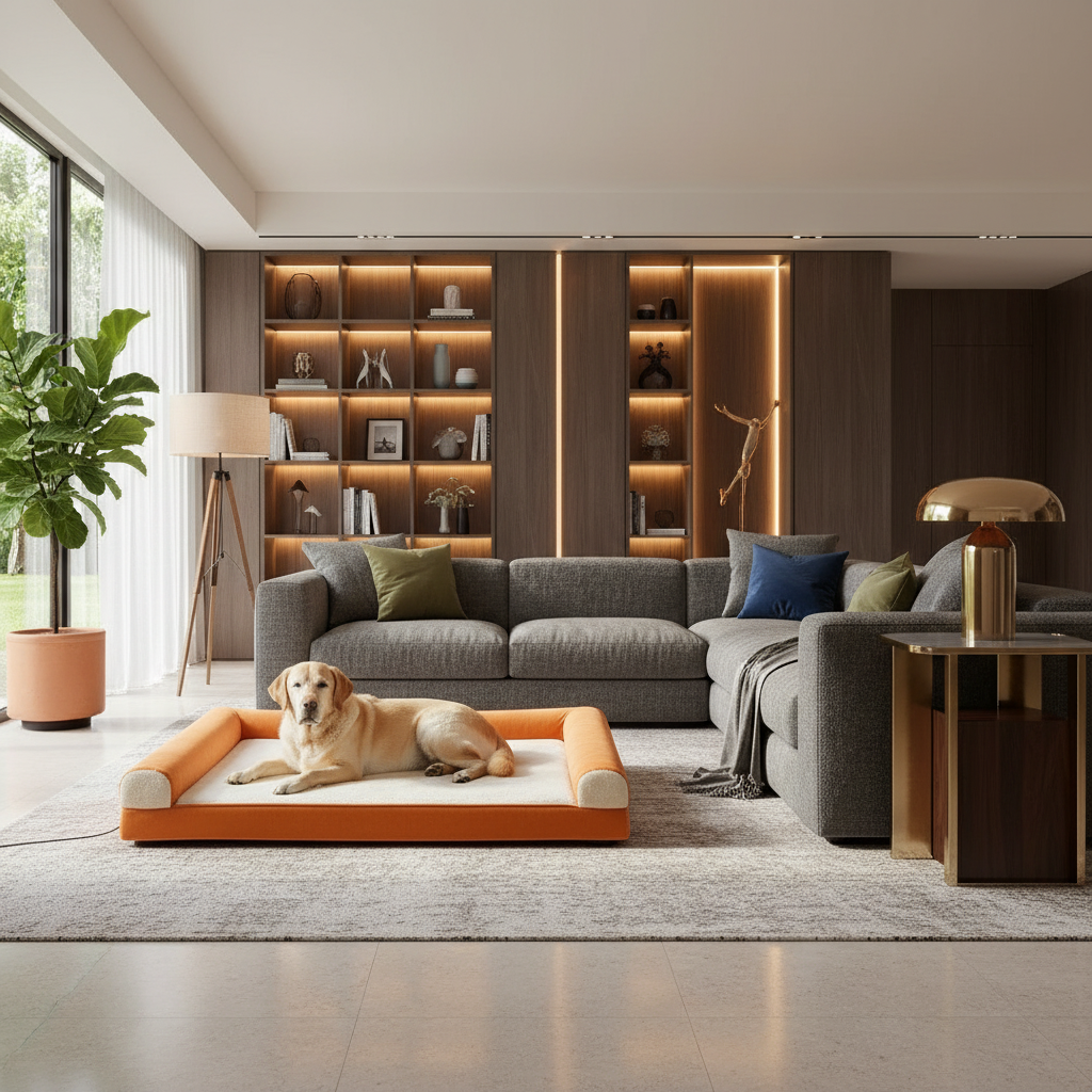 Oranje hondenbed in luxe woonkamer 2