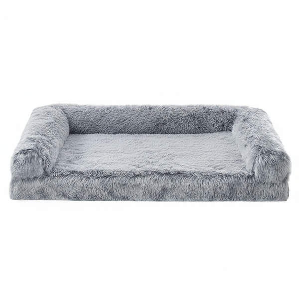 Orthopedic dog bed with egg crate foam in gray, featuring soft fur fabric and supportive design for comfort.