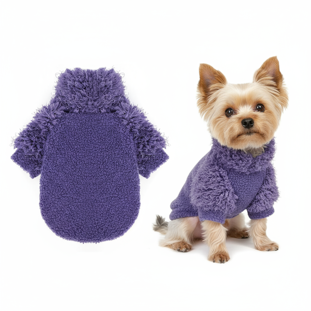 Dog wearing a purple fluffy outfit on a white background