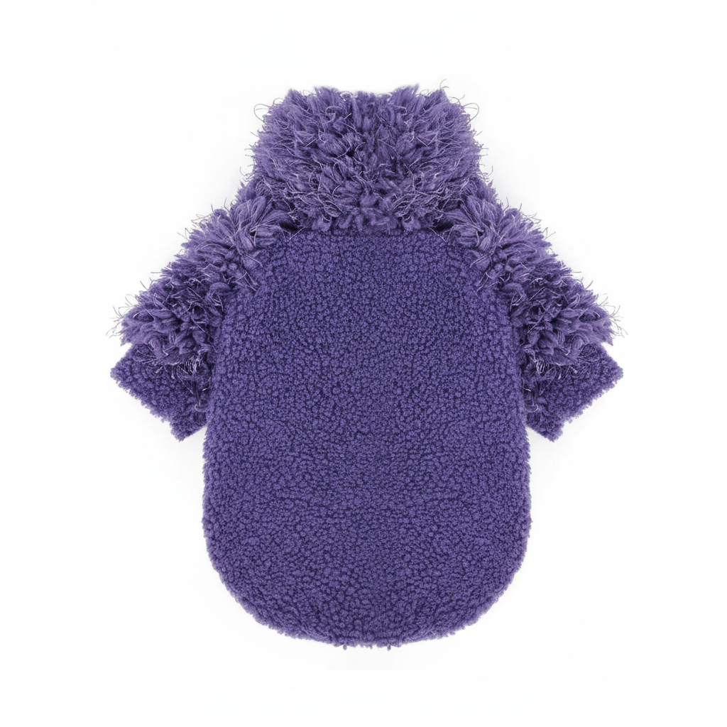 Purple fuzzy dog sweater with short sleeves on a white background