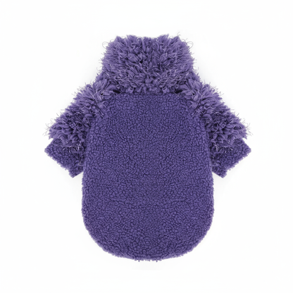 Purple fuzzy dog sweater with short sleeves on a white background