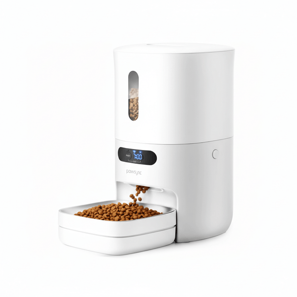 Smart WiFi Pet Feeder with Built-In Scale dispensing pet food in a sleek white design.