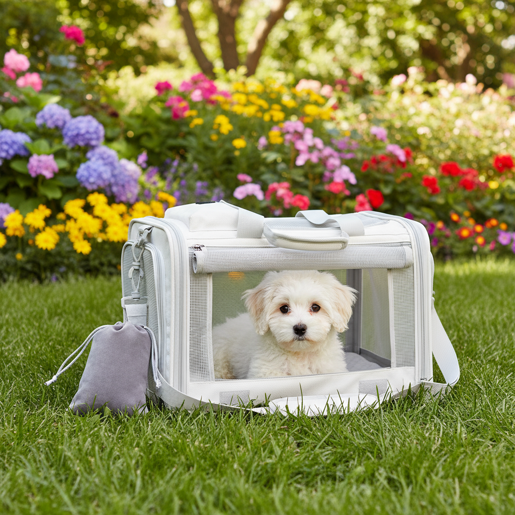 Pet carrier met hond buiten