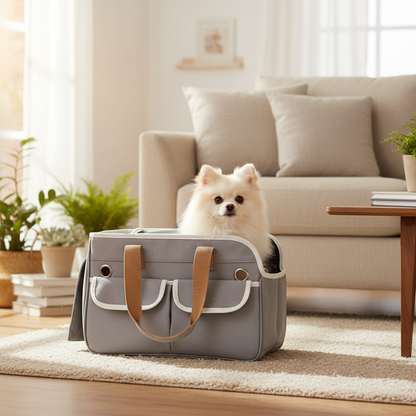 Pet carrier met Pomeranian in woonkamer