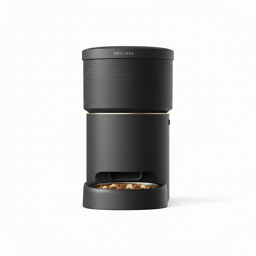 black smart pet feeder with vacuum sealing and app control