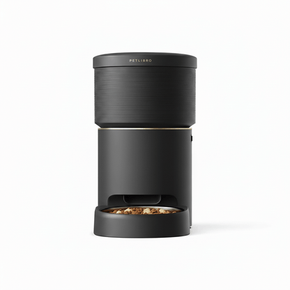 black smart pet feeder with vacuum sealing and app control