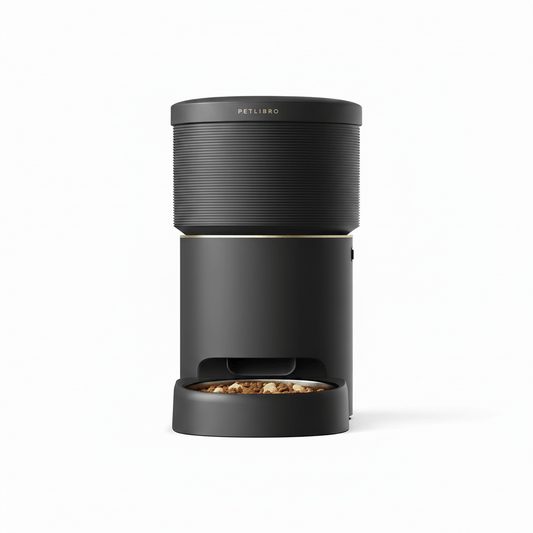 black smart pet feeder with vacuum sealing and app control