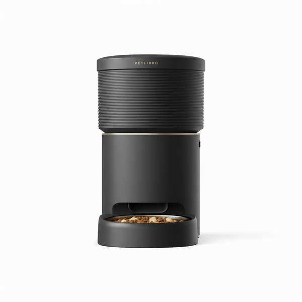 black smart pet feeder with vacuum sealing and app control