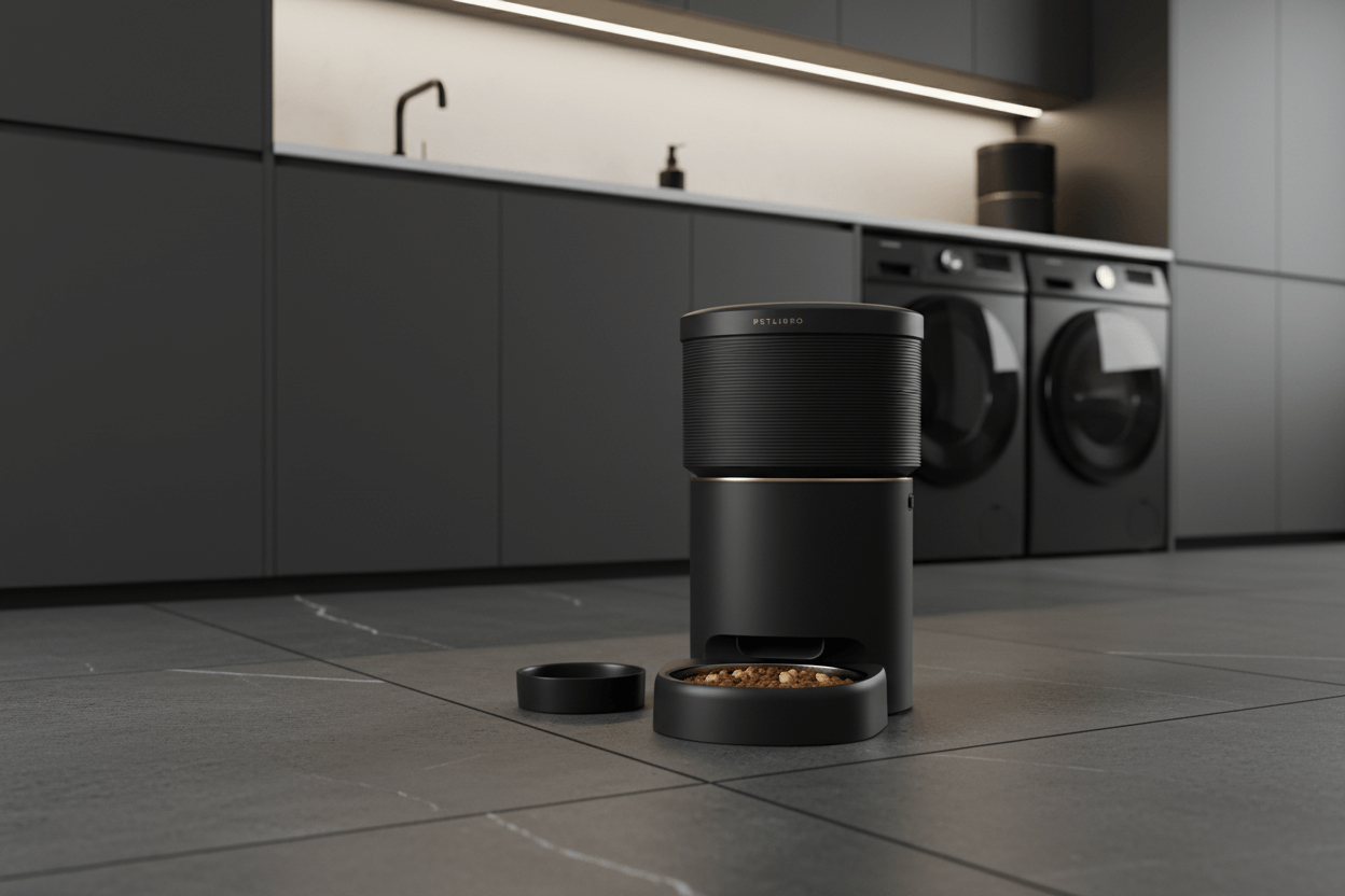 smart pet feeder with vacuum sealing used in modern kitchen