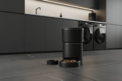 smart pet feeder with vacuum sealing used in modern kitchen